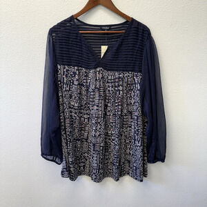 Lucky Brand Navy Blue Floral Print V Neck Sheer Sleeve Tunic Top Plus Size 3X
